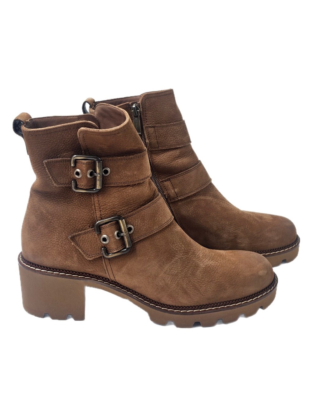 Paul Green Balboa Moto Boots Toffee Brown Distressed Nubuck Lug Sole Size 10 New